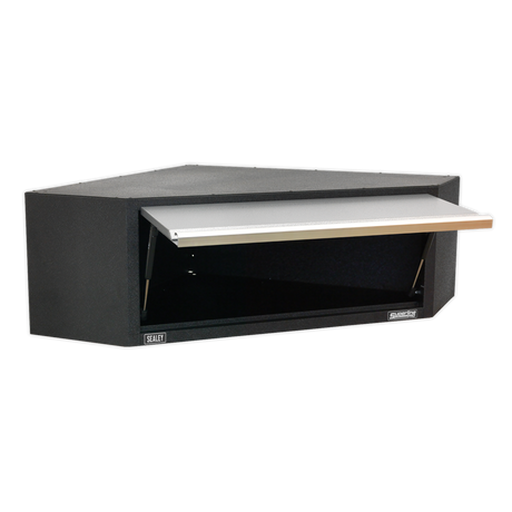 Black corner storage unit with a white shelf on a white background