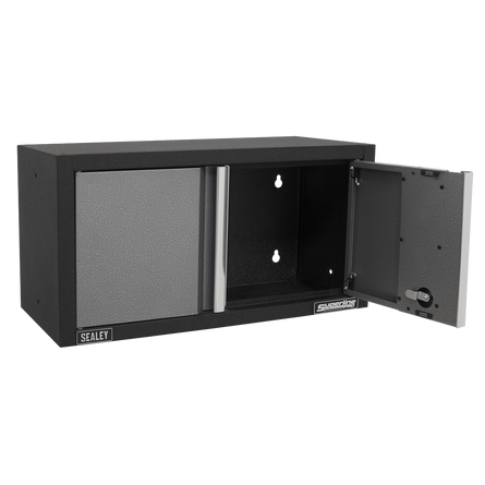 Black storage cabinet with open door on a white background