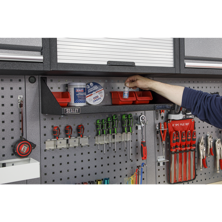 Person organizing tools in a Sealey garage storage unit.