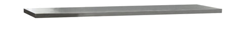 Stainless steel shelf with dimensions on a white background