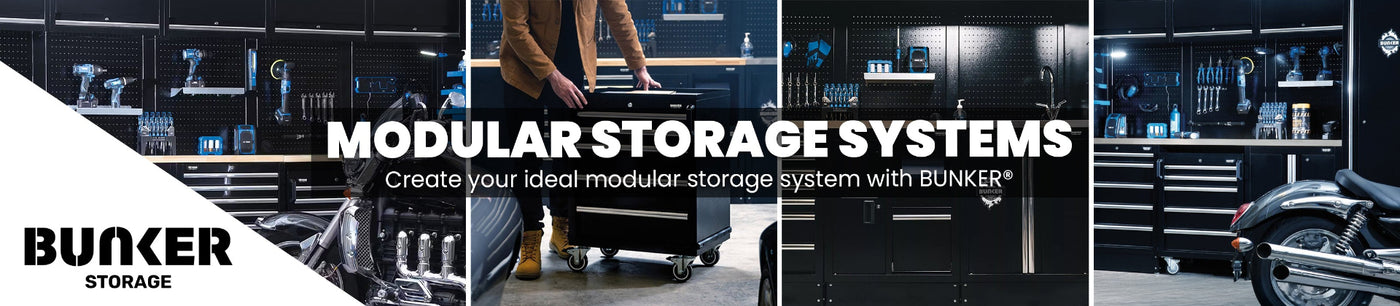 Bunker Storage modular storage systems with various configurations and tools.