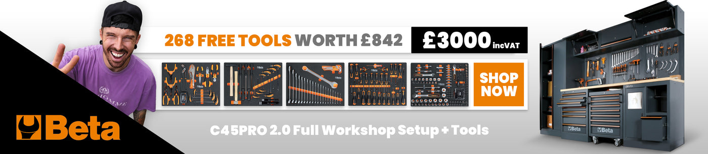 Promotional banner for Beta tools with a man, tool chest, and various tools displayed. Workshop Tool Storage