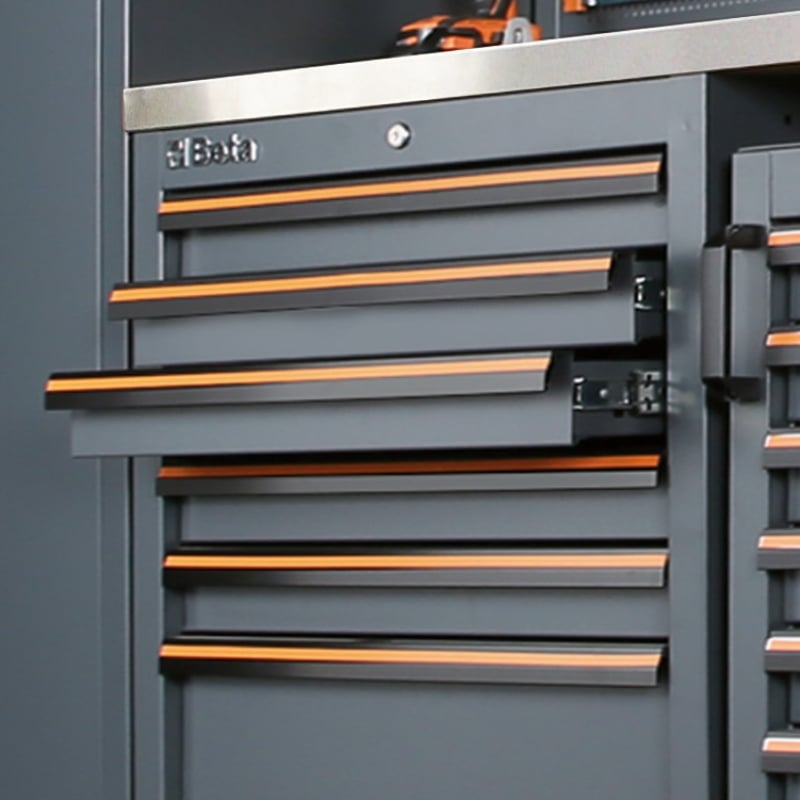 Beta C45 Pro 2.0 Gray tool cabinet with open drawers displaying the brand 'Bata'.
