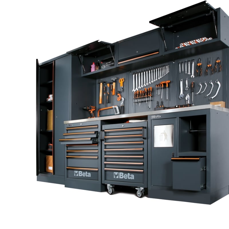 Beta C45 Pro 2.0 Large tool cabinet with various tools and open drawers on a white background