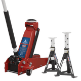 Sealey 3000CXDCOMBO1 Trolley Jack 3t & Axle Stands (Pair) 3t per Stand Combo - 3000CXDCOMBO1 - Sealey Tools UK - Workshop Tool Storage