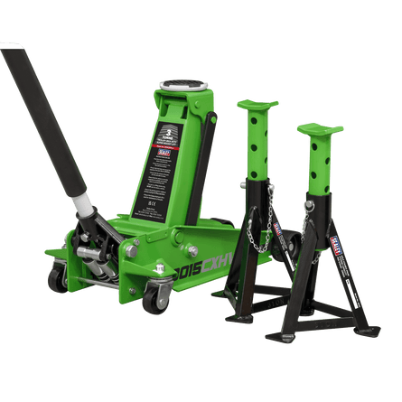 Sealey 3015CXHV Trolley Jack 3tonne with Super Rocket Lift & Axle Stands (Pair) 3tonne Capacity per Stand - Hi - Vis - 3015CXHV - Sealey Tools UK - Workshop Tool Storage