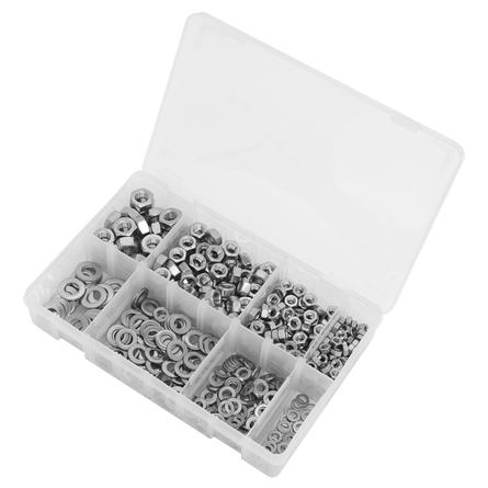 Sealey AB077NW 500pc Stainless Steel Nut and Washer Assortment - M5 - M10 - AB077NW - Sealey Tools UK - Workshop Tool Storage