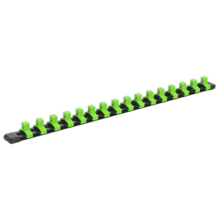 Sealey AK27053HV Socket Retaining Rail with 16 Clips 3/8"Sq Drive - Hi - Vis Green - AK27053HV - Sealey Tools UK - Workshop Tool Storage