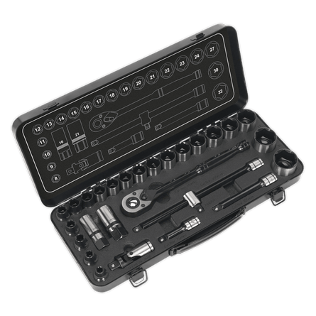 Sealey AK7972 Socket Set 28pc 1/2"Sq Drive 6pt WallDrive® Metric Black Series - AK7972 - Sealey Tools UK - Workshop Tool Storage