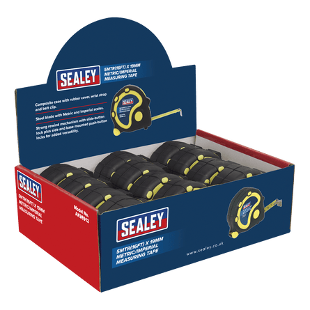 Sealey AK98912 Rubber Tape Measure 5m(16ft) x 19mm Metric/Imperial Display Box of 12 - AK98912 - Sealey Tools UK - Workshop Tool Storage