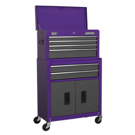 Sealey AP2200BBCP Topchest & Rollcab Combination 6 Drawer with Ball - Bearing Slides - Purple/Grey - AP2200BBCP - Sealey Tools UK - Workshop Tool Storage