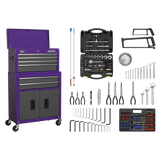 Sealey AP2200COMBOCP Topchest & Rollcab Combination 6 Drawer with Ball - Bearing Slides - Purple/Grey & 128pc Tool Kit - AP2200COMBOCP - Sealey Tools UK - Workshop Tool Storage
