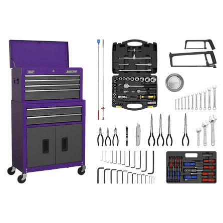 Sealey AP2200COMBOCP Topchest & Rollcab Combination 6 Drawer with Ball - Bearing Slides - Purple/Grey & 128pc Tool Kit - AP2200COMBOCP - Sealey Tools UK - Workshop Tool Storage