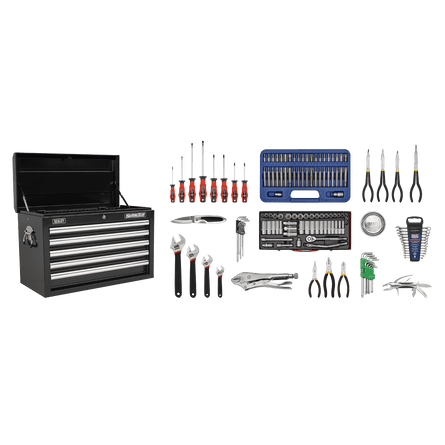 Sealey AP33059BCOMBO Topchest 5 Drawer with Ball Bearing Slides - Black & 140pc Tool Kit - AP33059BCOMBO - Sealey Tools UK - Workshop Tool Storage