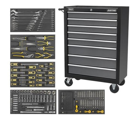 Sealey AP35TBCOMBO3 Rollcab 8 Drawer Ball Bearing Slides - Black/Grey with 302pc Tool Kit - AP35TBCOMBO3 - Sealey Tools UK - Workshop Tool Storage