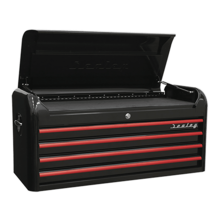 Sealey AP41104BR Topchest 4 Drawer Wide Retro Style - Black with Red Anodised Drawer Pulls - AP41104BR - Sealey Tools UK - Workshop Tool Storage