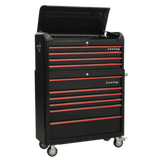 Sealey AP41COMBOBR Retro Style Extra - Wide Topchest & Rollcab Combination 10 Drawer - Black with Red Anodised Drawer Pull - AP41COMBOBR - Sealey Tools UK - Workshop Tool Storage