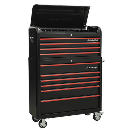Sealey AP41COMBOBR Retro Style Extra - Wide Topchest & Rollcab Combination 10 Drawer - Black with Red Anodised Drawer Pull - AP41COMBOBR - Sealey Tools UK - Workshop Tool Storage