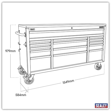 Sealey AP6115BE 15 Drawer Mobile Trolley with Wooden Worktop 1549mm - AP6115BE - Sealey Tools UK - Workshop Tool Storage