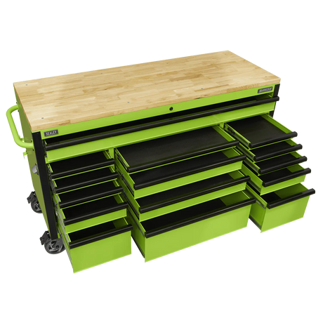 Sealey AP6115BE 15 Drawer Mobile Trolley with Wooden Worktop 1549mm - AP6115BE - Sealey Tools UK - Workshop Tool Storage