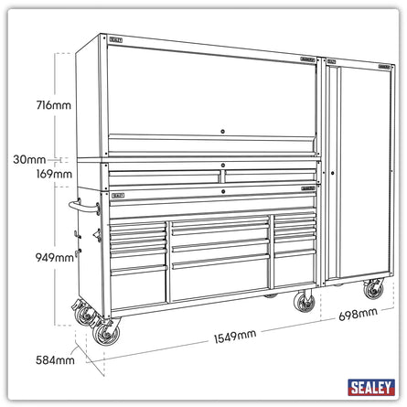 Sealey AP6115BECOMBO2 15 Drawer 1549mm Mobile Trolley with Wooden Worktop, Hutch, 2 Drawer Riser & Side Locker - AP6115BECOMBO2 - Sealey Tools UK - Workshop Tool Storage