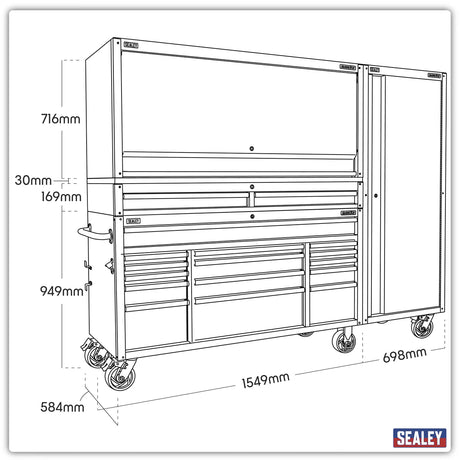 Sealey AP6115BECOMBO2 15 Drawer 1549mm Mobile Trolley with Wooden Worktop, Hutch, 2 Drawer Riser & Side Locker - AP6115BECOMBO2 - Sealey Tools UK - Workshop Tool Storage