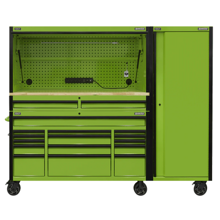 Sealey AP6115BECOMBO2 15 Drawer 1549mm Mobile Trolley with Wooden Worktop, Hutch, 2 Drawer Riser & Side Locker - AP6115BECOMBO2 - Sealey Tools UK - Workshop Tool Storage