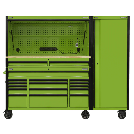 Sealey AP6115BECOMBO2 15 Drawer 1549mm Mobile Trolley with Wooden Worktop, Hutch, 2 Drawer Riser & Side Locker - AP6115BECOMBO2 - Sealey Tools UK - Workshop Tool Storage