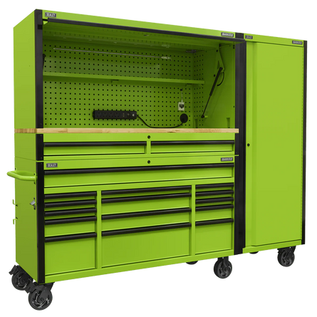 Sealey AP6115BECOMBO2 15 Drawer 1549mm Mobile Trolley with Wooden Worktop, Hutch, 2 Drawer Riser & Side Locker - AP6115BECOMBO2 - Sealey Tools UK - Workshop Tool Storage