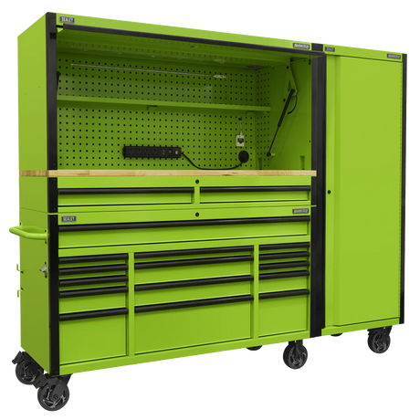 Sealey AP6115BECOMBO2 15 Drawer 1549mm Mobile Trolley with Wooden Worktop, Hutch, 2 Drawer Riser & Side Locker - AP6115BECOMBO2 - Sealey Tools UK - Workshop Tool Storage