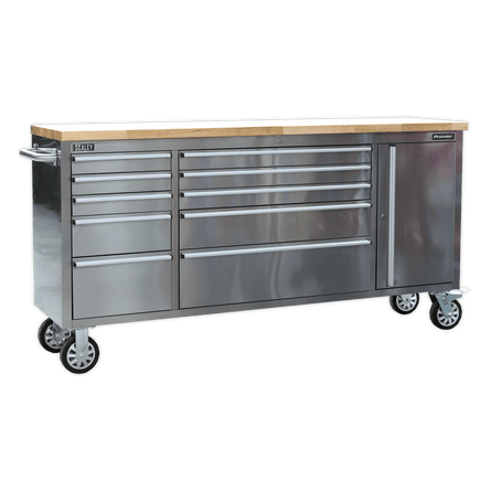 Sealey AP7210SS Mobile Stainless Steel Tool Cabinet 10 Drawer & Cupboard - AP7210SS - Sealey Tools UK - Workshop Tool Storage