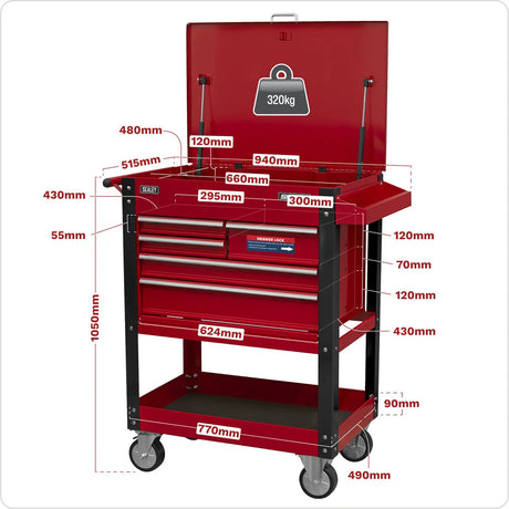 Sealey AP890M Heavy - Duty Mobile Tool & Parts Trolley with 5 Drawers & Lockable Top - AP890M - Sealey Tools UK - Workshop Tool Storage
