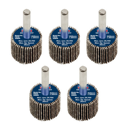 Sealey FW2520805 Flap Wheel 25 x 20mm 80Grit 6mm Shaft - Pack of 5 - FW2520805 - Sealey Tools UK - Workshop Tool Storage