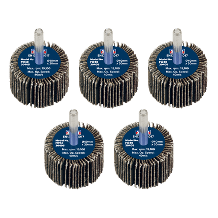 Sealey FW4030405 Flap Wheel 40 x 30mm 40Grit 6mm Shaft - Pack of 5 - FW4030405 - Sealey Tools UK - Workshop Tool Storage