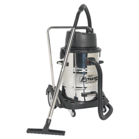 Sealey PC477 Vacuum Cleaner Industrial Wet & Dry 77L Stainless Steel Drum with Swivel Emptying 2400W - PC477 - Sealey Tools UK - Workshop Tool Storage