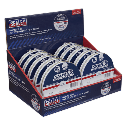 Sealey PTC11510CETD Cutting Disc 115 x 1.2mm Countertop Display Box 10 Packs of 10 - PTC11510CETD - Sealey Tools UK - Workshop Tool Storage