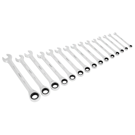 Sealey S01247 Combination Ratchet Spanner Set 15pc Metric - S01247 - Sealey Tools UK - Workshop Tool Storage