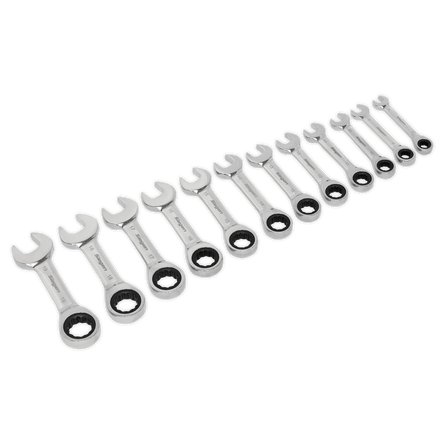 Sealey S0633 Stubby Ratchet Combination Spanner Set 12pc Metric - S0633 - Sealey Tools UK - Workshop Tool Storage
