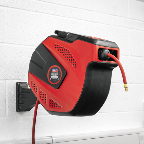 Sealey SA824 Air Hose Reel Auto - Rewind Control 30m 10mm ID - Rubber Hose - SA824 - Sealey Tools UK - Workshop Tool Storage