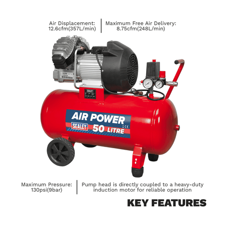 Sealey SAC05030 Compressor 50ltr V - Twin Direct Drive 3hp - Direct Drive - SLY-15723 - Sealey Tools UK - Workshop Tool Storage