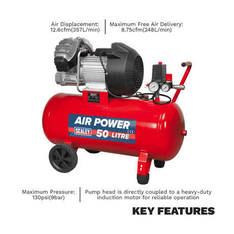 Sealey SAC05030 Compressor 50ltr V - Twin Direct Drive 3hp - Direct Drive - SLY-15723 - Sealey Tools UK - Workshop Tool Storage