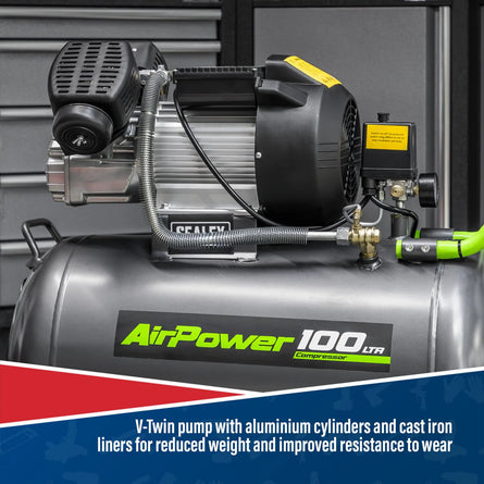 Sealey SAC10030VE Compressor 100ltr V - Twin Direct Drive 3hp - Direct Drive - SLY-18904 - Sealey Tools UK - Workshop Tool Storage
