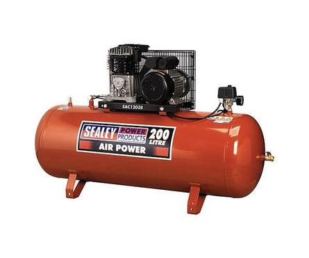 Sealey SAC1203B Compressor 200ltr Belt Drive 3hp with Cast Cylinders - 230V - 1ph - SLY-16450 - Sealey Tools UK - Workshop Tool Storage