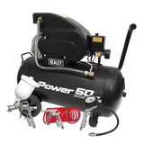 Sealey SAC5020APK Air Compressor 50L Direct Drive 2hp with 4pc Air Accessory Kit - SAC5020APK - Sealey Tools UK - Workshop Tool Storage
