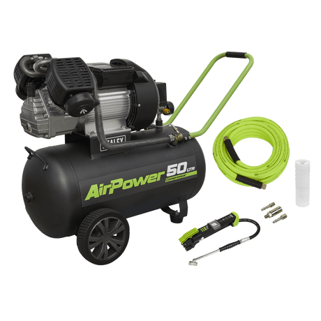 Sealey SAC5030VEKIT 50L Direct Drive V - Twin Air Compressor 3hp with Air Accessory Kit - SAC5030VEKIT - Sealey Tools UK - Workshop Tool Storage