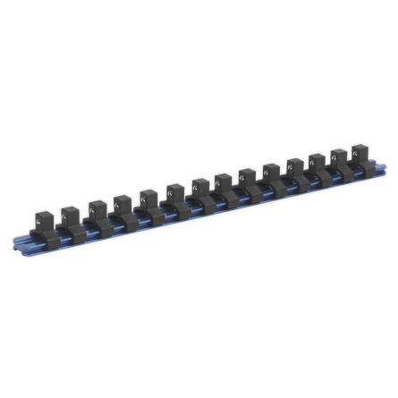 Sealey SR3814 Socket Retaining Rail with 14 Clips Aluminium 3/8"Sq Drive - SR3814 - Sealey Tools UK - Workshop Tool Storage