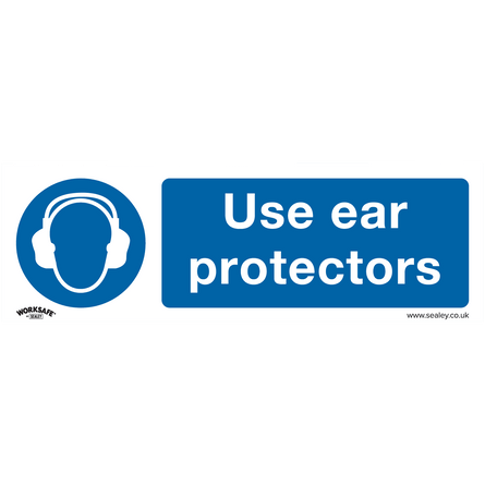 Sealey SS10V10 Mandatory Safety Sign - Use Ear Protectors - Self - Adhesive Vinyl - Pack of 10 - SS10V10 - Sealey Tools UK - Workshop Tool Storage