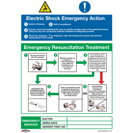 Sealey SS33P1 Safe Conditions Safety Sign - Electric Shock Emergency Action - Rigid Plastic - SS33P1 - Sealey Tools UK - Workshop Tool Storage