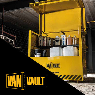 Yellow Van Vault storage unit with various containers inside, branded with Van Vault logo.